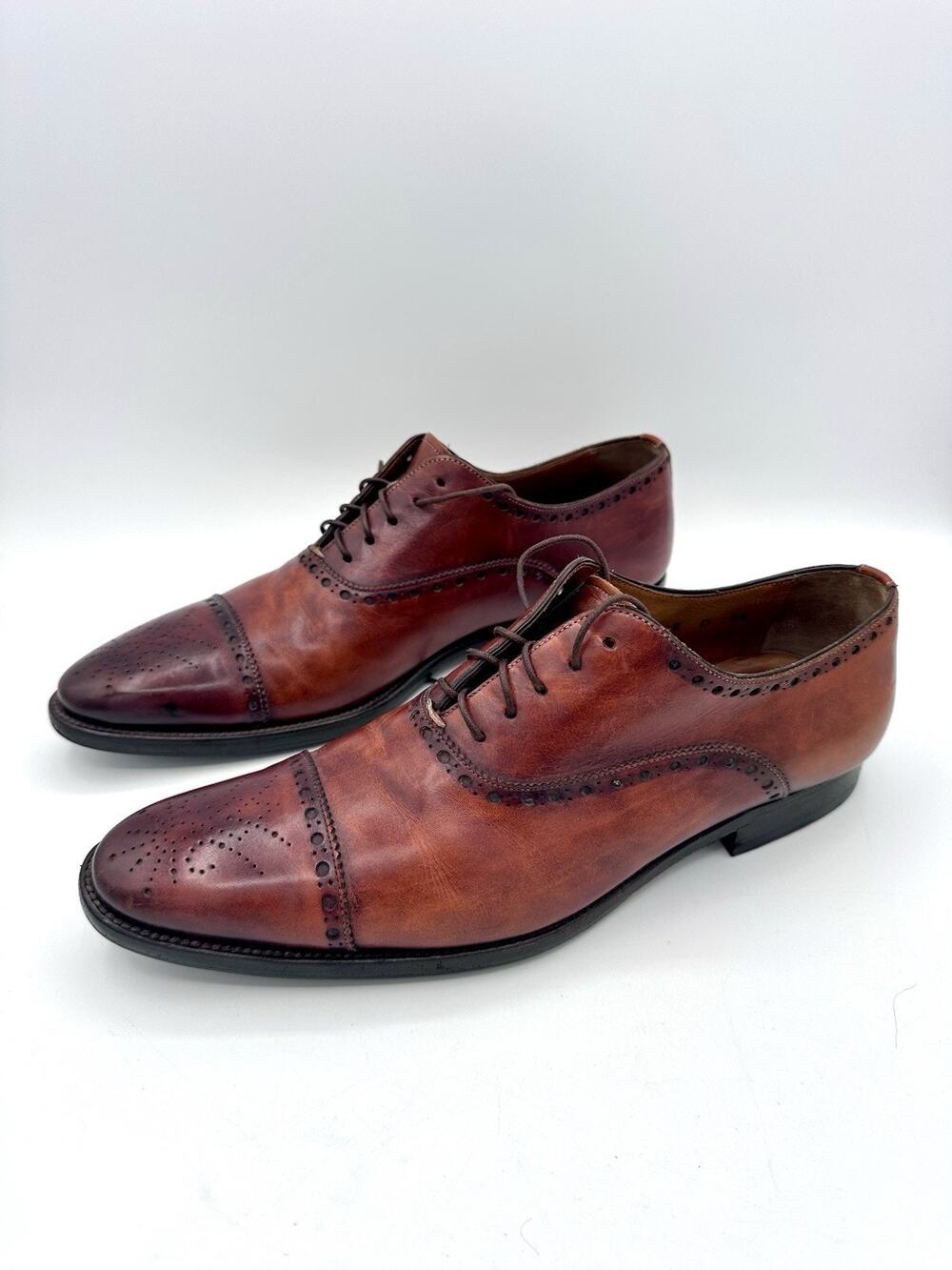 Santoni Brogue Cap Toe Leather Oxford Dress Shoes ITALY - Mens 8.5 Cognac 151730